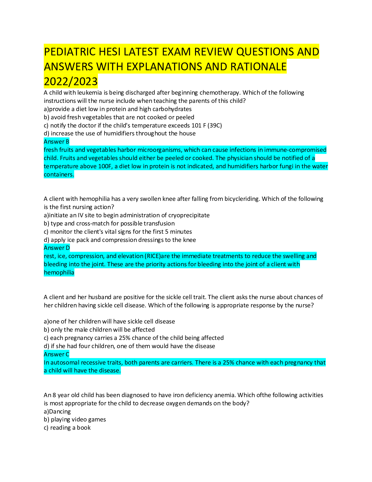 Preview image for PEDIATRIC HESI LATEST EXAM REVIEW QUESTIONS AND ANSWERS WITH EXPLANATIONS AND RATIONALE  